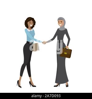 Business Frauen verschiedener Nationalitäten Hände schütteln, cartoon Vector Illustration auf weißem Hintergrund Stock Vektor