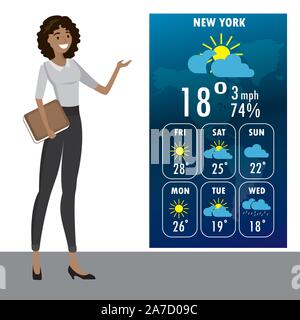 Junge afrikanische amerikanische Frau im Fernsehen erzählt eine Wettervorhersage, cartoon Vector Illustration Stock Vektor