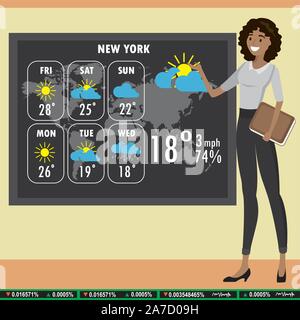 Junge afrikanische amerikanische Frau im Fernsehen erzählt eine Wettervorhersage, cartoon Vector Illustration Stock Vektor