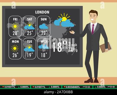 Mann im Fernsehen erzählt eine Wettervorhersage, cartoon Vector Illustration Stock Vektor