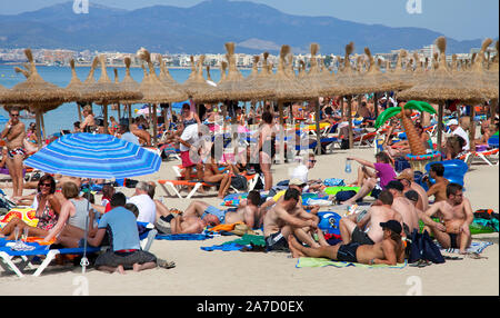 Menschen am Strand Ballermann, Playa de Palma, El Arenal, Mallorca, Balearen, Spanien Stockfoto