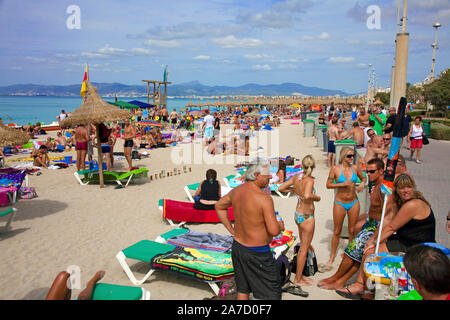 Menschen am Strand Ballermann, Playa de Palma, El Arenal, Mallorca, Balearen, Spanien Stockfoto