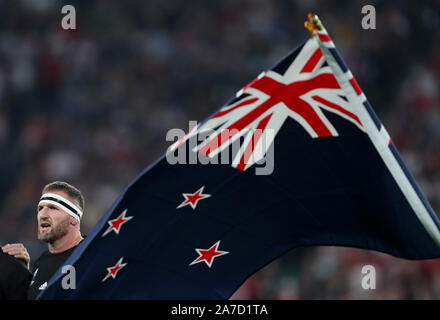 Neuseelands Kieran Lesen Sie vor seinem letzten Spiel für die All Blacks in den Rugby World Cup 2019 Bronze Finale in Tokyo im Stadion. Stockfoto