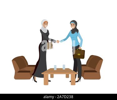 Handshake der beiden Muslimischen business Frauen, Hijabs, auf weißem Hintergrund, cartoon Vector Illustration Stock Vektor