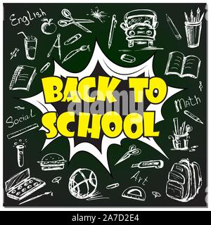 Zurück zu Schule - Lustige pop art Schriftzug mit Zeichen und Symbole auf Tafel, Vektor, Abbildung Stock Vektor