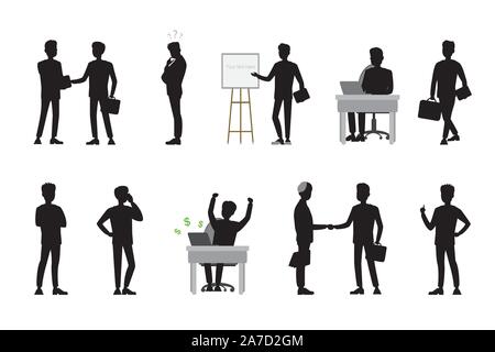 Silhouetten der Unternehmer in unterschiedlichen Posen und Handlungen, auf weißem Hintergrund, cartoon Vector Illustration. Stock Vektor