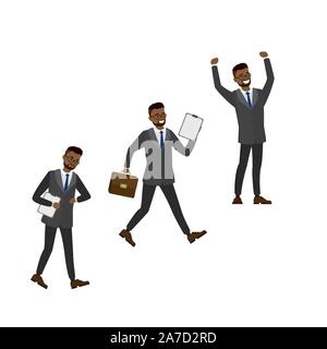 Afrikanisch-amerikanischen Geschäftsmann in verschiedenen Posen, auf weißem Hintergrund, cartoon Vector Illustration Stock Vektor