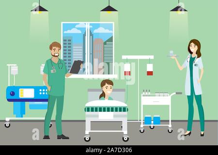 Arzt, Krankenschwester und Patient im Krankenhaus Zimmer, cartoon Vector Illustration Stock Vektor