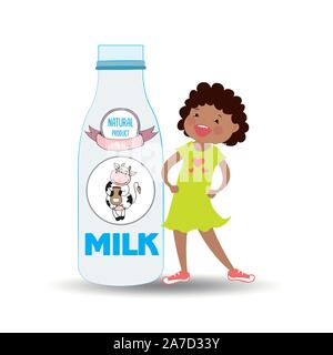 Eine Flasche label Milch und Kuh- und Smiley nettes Mädchen, auf Weiße, gesunde Kinder essen Comicfiguren Vektor-illustration isoliert Stock Vektor