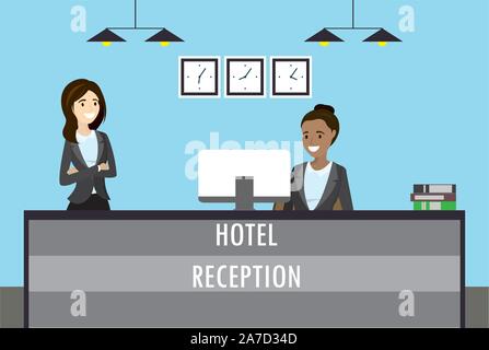 Junge afrikanische amerikanische Frau sitzen und Lächeln, Kaukasier Frau steht im Hotel Rezeption. cartoon Flachbild Vector Illustration Stock Vektor