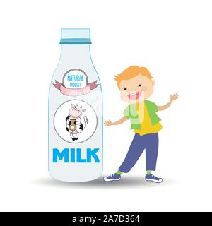 Eine Flasche label Milch und Kuh- und Smiley cute Boy, auf Weiße, gesunde Kinder essen Comicfiguren Vektor-illustration isoliert Stock Vektor