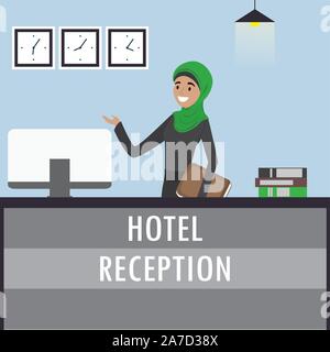 Junge arabische Frau Rezeptionist im hijab steht an der Rezeption. Reisen, Gastfreundschaft, hotel reservierung Konzept. Cartoon flachbild Vector Illustration Stock Vektor