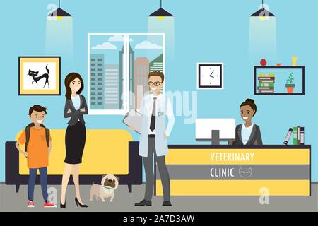 Tierklinik Rezeption, Arzt und Familie mit Hund stehen, Administrators, cartoon Vector Illustration Stock Vektor