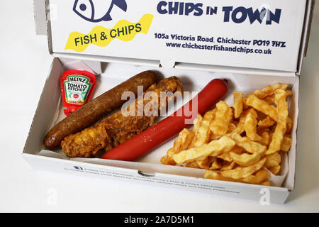 Allgemeine Ansichten von Harry's Fish and Chip Shop in Chichester, West Sussex, UK. Stockfoto