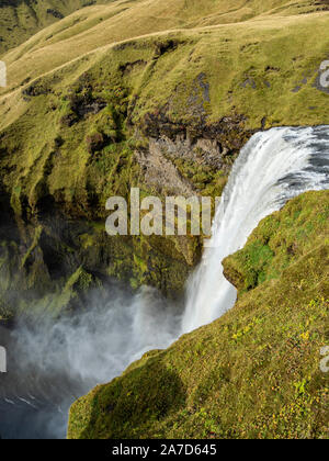 Auf der Suche über der Oberseite der Skógafoss Wasserfalls, Island Stockfoto