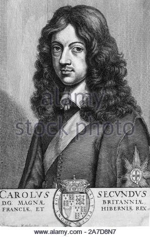 Charles II., 1630 - 1685, König von England, Schottland und Irland. Er war König von Schottland von 1649 bis zu seiner Absetzung 1651, und der König von England, Schottland und Irland von der Restauration der Monarchie 1660 bis zu seinem Tod, Radierung von Böhmische Kupferstecher Wenzel Hollar aus 1600s Stockfoto