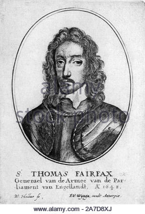 Sir Thomas Fairfax Portrait, 3. Herr Fairfax von Cameron 1612 - 1671, war ein englischer Edelmann, Peer, Politiker, General, und Parlamentarische Commander-in-chief während des Englischen Bürgerkriegs, Radierung von Böhmische Kupferstecher Wenzel Hollar aus 1600s Stockfoto