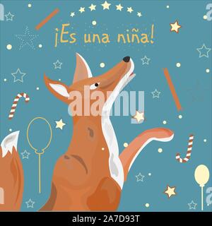 'Es una Nina" bedeutet "Es ist ein Mädchen" in Spanischer Sprache. Baby Mädchen Geburt Ansage. Cute Fox verkündet die Ankunft eines Babys, Mädchen. Vektor Illustratio Stock Vektor