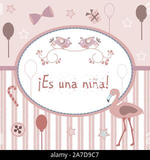 'Es una Nina" bedeutet "Es ist ein Mädchen" in Spanischer Sprache. Baby Mädchen Geburt Ansage. Von Baby-dusche-Sammlung. Vector Illustration. Stock Vektor