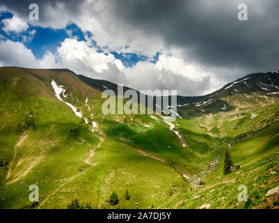 Spektakuläre Berglandschaft mit Wolken schweben über Berghänge mit Büschen der Rhododendron kotschyi in Fagaras Gebirge gefüllt in Rumänien Stockfoto