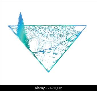 Neon Bild von Strahlen der Sonne durch ein dekoratives Muster, Hang des Berges und Tannen. All das in einem Dreieck. Stock Vektor