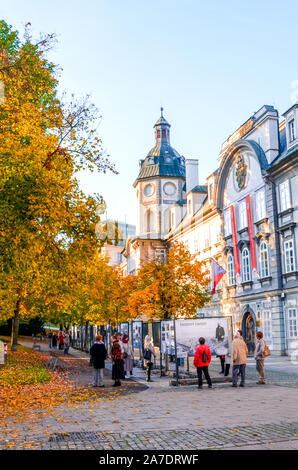 Plzen, Tschechische Republik - 28 Oktober 2019: Smetanovy sady in Pilsen, Tschechien. Outdoor Ausstellung in der Bibliothek. Die Menschen auf der Straße. Bäume im Herbst. Historischen Zentrum auf einer vertikalen Foto. Stockfoto