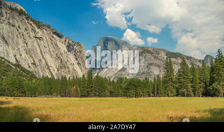 Blick auf den Half Dome vom Yosemite Valley, Meadow trail Cook, Yosemite NP, Kalifornien, USA. In der Nähe von Sehenswürdigkeiten: Yosemite Falls, Glacier Point, El Capitam. Stockfoto