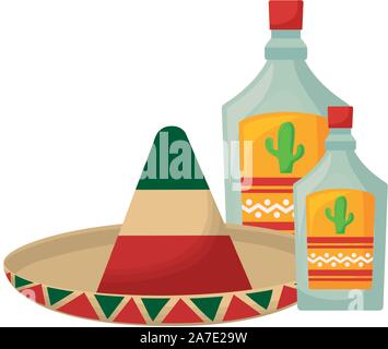 Hat mexikanische mit Flaschen Tequila Vector Illustration Design Stock Vektor