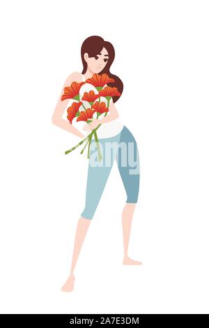 Frauen in Freizeitkleidung Holding einen Strauß Mohnblumen Cartoon Character Design flachbild Vector Illustration auf weißem Hintergrund. Stock Vektor