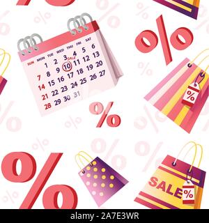 Nahtlose Muster der shopping Papiersäcke mit Verkauf Tag % Kalender und Prozentsatz symbol Flachbild Vector Illustration auf weißem Hintergrund. Stock Vektor