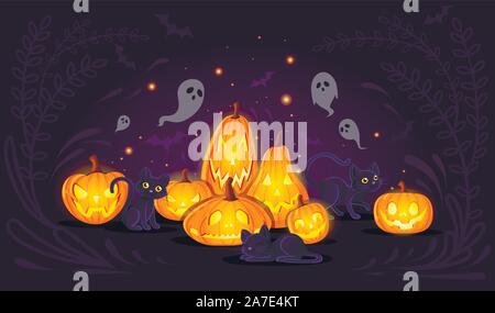 Halloween Kürbisse mit schwarzen Katzen cartoon animal Design scary pumpkin Gesichter flachbild Vector Illustration auf dunklem Hintergrund mit niedlichen Geistern. Stock Vektor