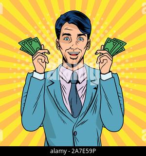 Elegante Geschäftsmann mit Rechnungen dollar Pop Art Stil Stock Vektor