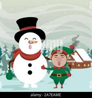 Weihnachten snowscape Szene mit Schneemann Stock Vektor