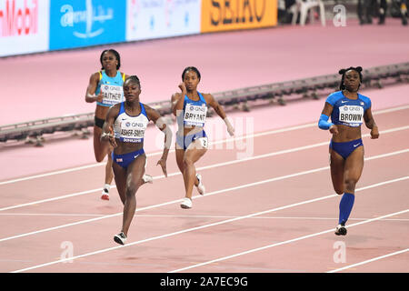 Dina Asher-Smith (Großbritannien, Gold). Brittany Braun (USA, Silber), Dezerea Bryant (USA), Tynia Gaither (Bahamas). 200 m Finale. IAAF Leichtathletik WM, Doha 2019 Stockfoto