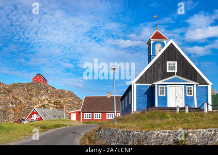 Fassade des Bethel Blaue Kirche 1775 in Sisimiut, Grönland entfernt Stockfoto