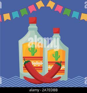 Viva Mexico Feier mit Flaschen Tequila und Chili peppers Vector Illustration Design Stock Vektor