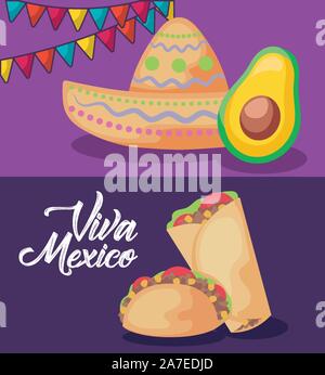 Satz von Viva Mexico Feier mit Hut und Symbole Vector Illustration Design Stock Vektor