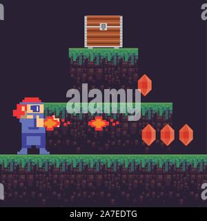Video Game warrior shooting Waffe in pixelated Szene Stock Vektor