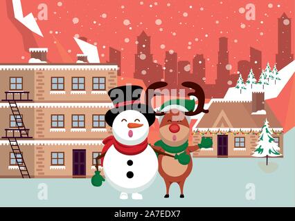 Weihnachten snowscape Szene mit Schneemann und Rentier Stock Vektor