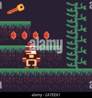 Video Spiel Krieger in pixelated Szene Stock Vektor