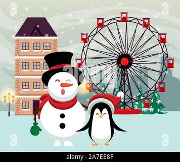 Weihnachten snowscape Szene mit Schneemann und Pinguin Stock Vektor