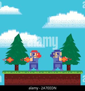 Video Game warrior Shooting in pixelated Szene Stock Vektor