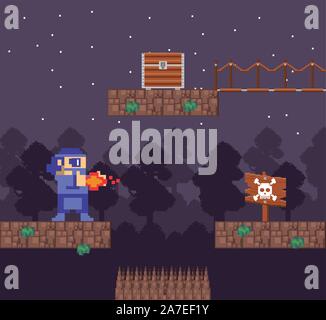 Video Game warrior Shooting in pixelated Szene Stock Vektor