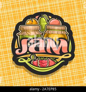 Vektor logo für Konfitüre, schwarzer Tag mit 2 hausgemachte Gläser karierten Tuch bedeckt und gebunden Bogen, frische cartoon Früchte und Beeren, Pinsel letteri Stock Vektor