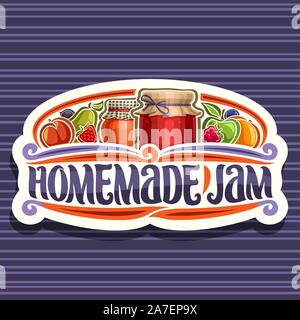 Vektor logo für hausgemachte Marmelade, Papier retro Beschilderung mit 2 home Schnitt Behälter abgedeckt kariertem Stoff und gebunden Bogen auf Deckel, Pinsel Schriftzug für Aa Stock Vektor