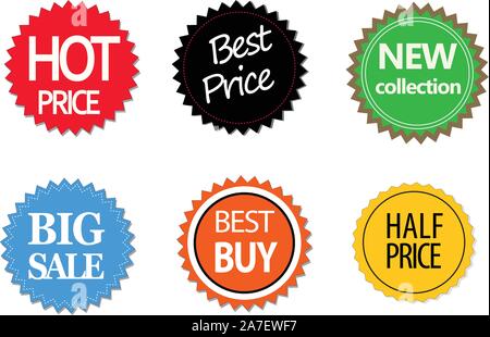Satz von kommerziellen Verkauf Aufkleber, Elemente und Abzeichen. Aufkleber Symbol auf weißem Hintergrund. Flat Style. Verkauf Aufkleber Symbol für Ihre Web site Design, Logo Stock Vektor