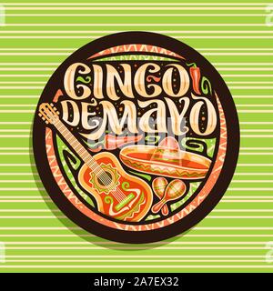 Vektor logo für Cinco de Mayo Urlaub, dunkle dekorativen Symbol mit ethnischen Ornament, Illustration von Mexican Hat, Gitarre und Maracas, ursprünglichen Bürste lett Stock Vektor