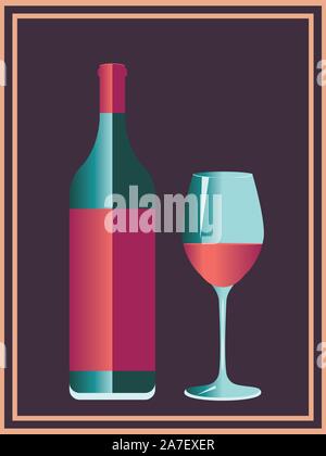 Minimalistischer Stil, Poster mit Glas und Flasche Wein Design. Stock Vektor