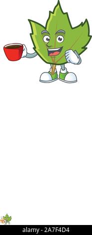 Cartoon grüne Blätter im Herbst design Maskottchen trinken in Schale. Stock Vektor