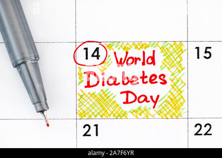 Erinnerung Welt Diabetes Tag im Kalender mit einem roten Stift. Am 14. November. Stockfoto